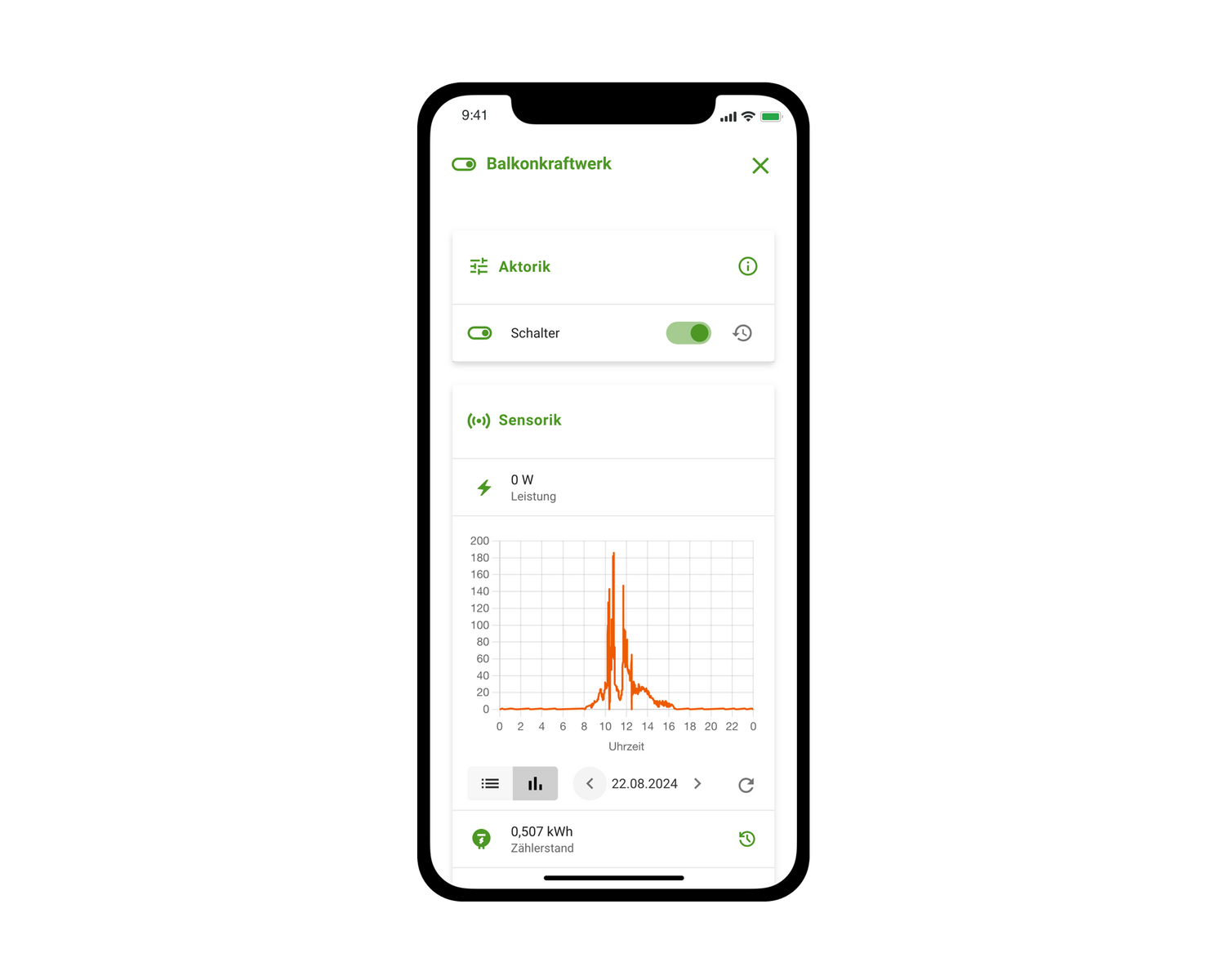 App-Screenshot von der App-Oberfläche mit der Übersicht über ein verknüpftes Balkonkraftwerk.
