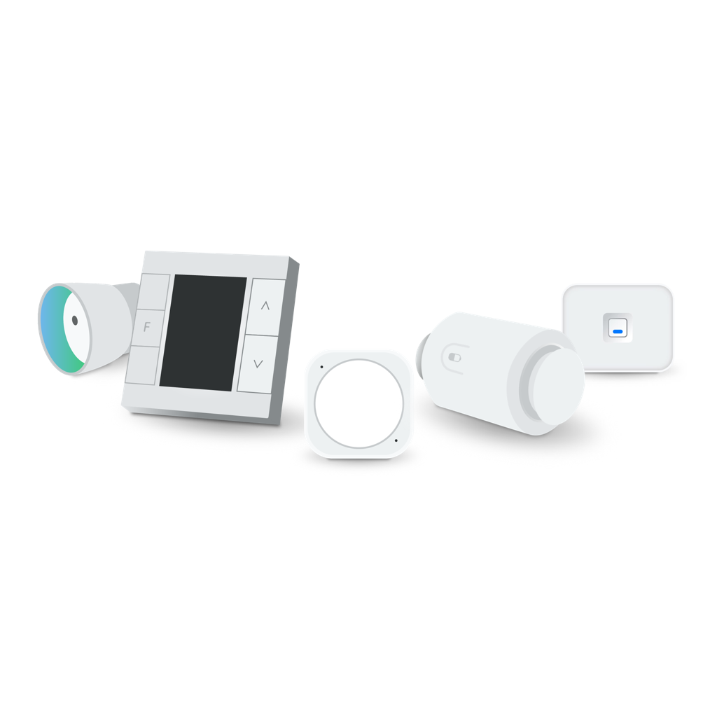 Eine Vorschau weiterer Geräte inklusive einem Strommesser mit Schaltfunktion, Fußbodenthermostat, Multisensor, Heizkörperthermostat und einer Klimageräesteuerung.